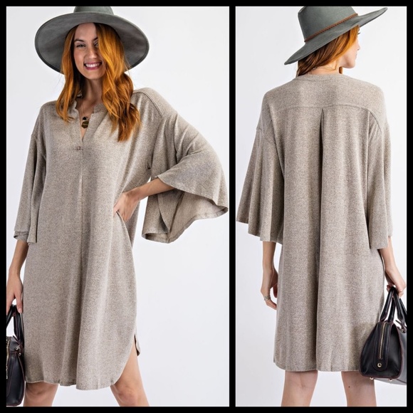 EASEL Hacci Knit Sweater Dress Mandarin Collar V-Neck & Statement Bell Sleeves - Picture 16 of 16
